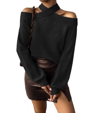 Women's Criss Cross Halter Off Shoulder Long Sleeve Sweater Pullover Top Black $18.00 Sweaters