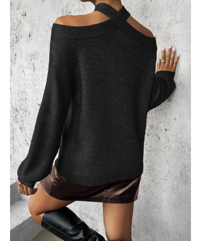 Women's Criss Cross Halter Off Shoulder Long Sleeve Sweater Pullover Top Black $18.00 Sweaters