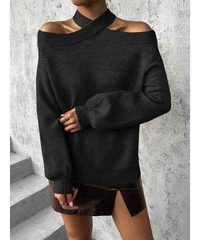 Women's Criss Cross Halter Off Shoulder Long Sleeve Sweater Pullover Top Black $18.00 Sweaters