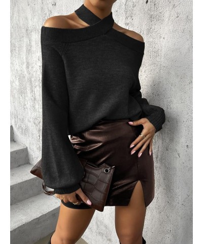 Women's Criss Cross Halter Off Shoulder Long Sleeve Sweater Pullover Top Black $18.00 Sweaters