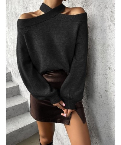 Women's Criss Cross Halter Off Shoulder Long Sleeve Sweater Pullover Top Black $18.00 Sweaters