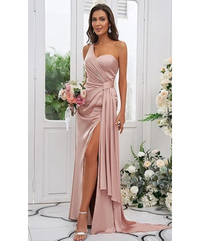 Women's One Shoulder Satin Bridesmaid Dresses with Slit Mermaid Formal Long Evening Party Gown Light Blue $40.00 Dresses