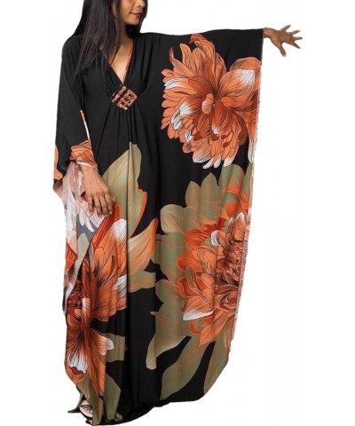 Womens Caftan Floral Print Kaftan Dress Short Sleeve Swimsuit Cover up Loungewear for Summer C-34 Orange Green $12.39 Swimsuits