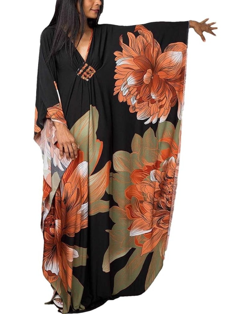 Womens Caftan Floral Print Kaftan Dress Short Sleeve Swimsuit Cover up Loungewear for Summer C-34 Orange Green $12.39 Swimsuits