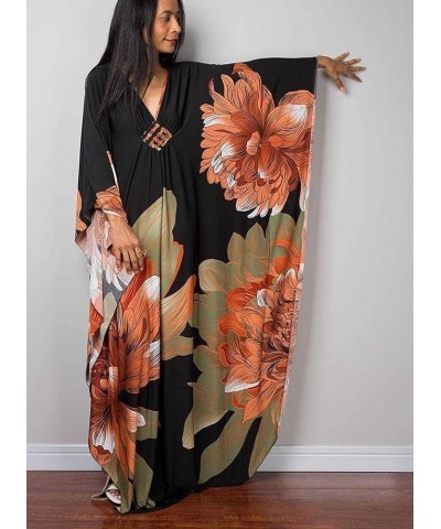 Womens Caftan Floral Print Kaftan Dress Short Sleeve Swimsuit Cover up Loungewear for Summer C-34 Orange Green $12.39 Swimsuits