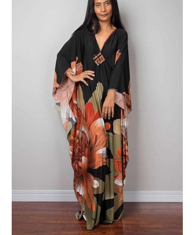 Womens Caftan Floral Print Kaftan Dress Short Sleeve Swimsuit Cover up Loungewear for Summer C-34 Orange Green $12.39 Swimsuits