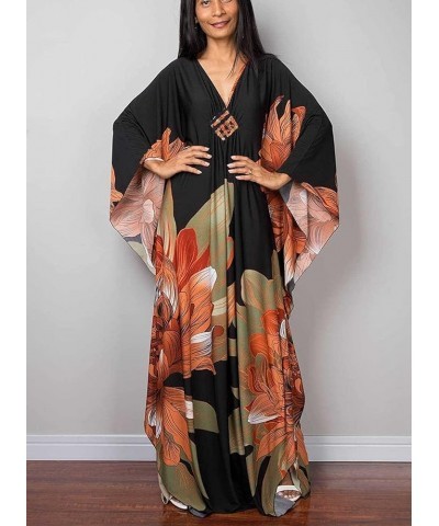 Womens Caftan Floral Print Kaftan Dress Short Sleeve Swimsuit Cover up Loungewear for Summer C-34 Orange Green $12.39 Swimsuits