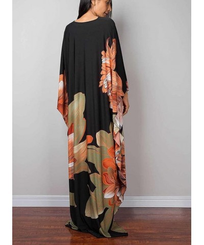 Womens Caftan Floral Print Kaftan Dress Short Sleeve Swimsuit Cover up Loungewear for Summer C-34 Orange Green $12.39 Swimsuits