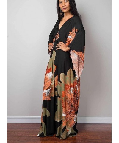 Womens Caftan Floral Print Kaftan Dress Short Sleeve Swimsuit Cover up Loungewear for Summer C-34 Orange Green $12.39 Swimsuits