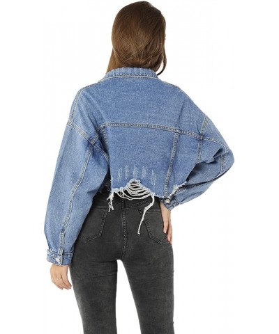 Women's Cropped Ripped Distressed Denim Jacket Casual Button Down Loose Jeans Coat Fringe with Frayed Hem Denim Blue $22.95 J...