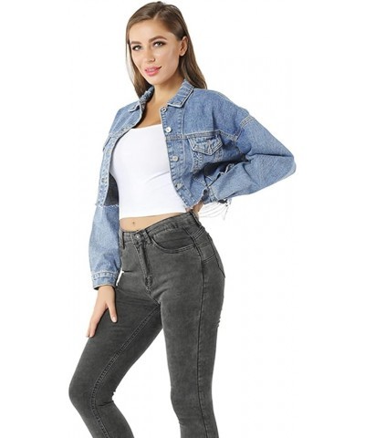 Women's Cropped Ripped Distressed Denim Jacket Casual Button Down Loose Jeans Coat Fringe with Frayed Hem Denim Blue $22.95 J...