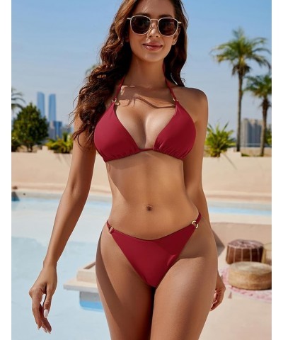 Women's Two Piece Bikini Sets Sexy Halter Ring Swimsuit Triangle String Cheeky Bathing Suit Wine $16.16 Swimsuits