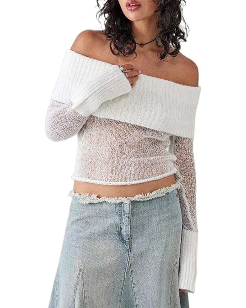 Y2k Off Shoulder Sweaters for Women Sexy Fitted Knitted Shirts Going Out Fall Pullover Sweater Streetwear 04-sheer White $12....