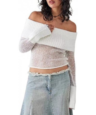 Y2k Off Shoulder Sweaters for Women Sexy Fitted Knitted Shirts Going Out Fall Pullover Sweater Streetwear 04-sheer White $12....