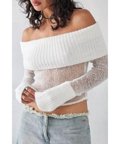 Y2k Off Shoulder Sweaters for Women Sexy Fitted Knitted Shirts Going Out Fall Pullover Sweater Streetwear 04-sheer White $12....