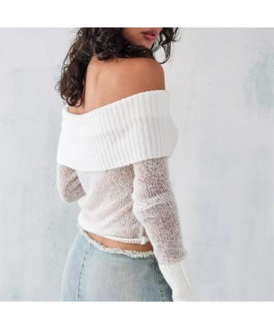 Y2k Off Shoulder Sweaters for Women Sexy Fitted Knitted Shirts Going Out Fall Pullover Sweater Streetwear 04-sheer White $12....