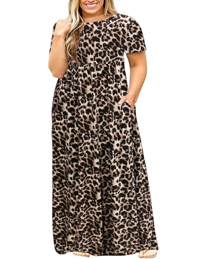 Women's Plus Size Short Sleeve Loose Plain Casual Long Maxi Dresses with Pockets 02-spotted Pattern Leopard $14.75 Dresses