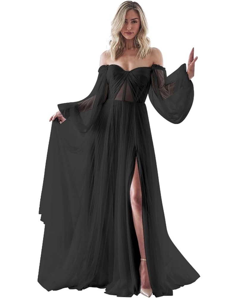 Women's Puffy Long Sleeve Prom Dresses with Slit Off Shoulder Tulle Wedding Formal Evening Gowns YZTS078 Black $40.79 Dresses