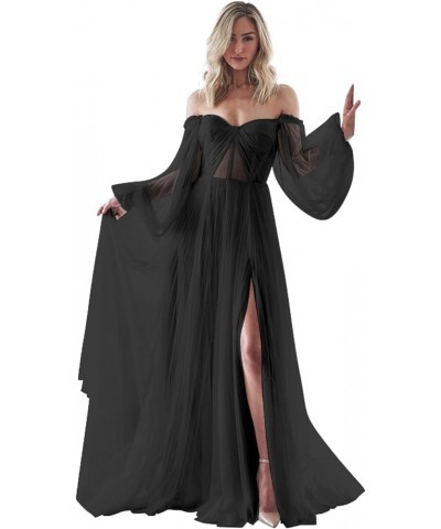 Women's Puffy Long Sleeve Prom Dresses with Slit Off Shoulder Tulle Wedding Formal Evening Gowns YZTS078 Black $40.79 Dresses