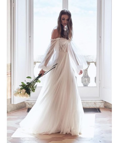 Women's Puffy Long Sleeve Prom Dresses with Slit Off Shoulder Tulle Wedding Formal Evening Gowns YZTS078 Black $40.79 Dresses