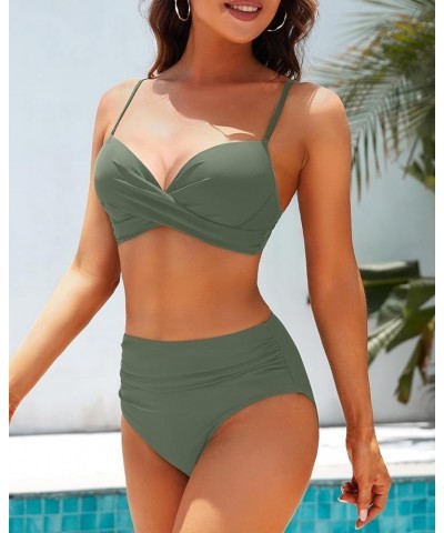 Women Underwire Bikini High Waisted Bathing Suit Tummy Control Two Piece Swimsuit Olive Green $21.59 Swimsuits