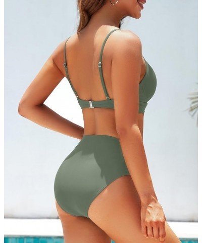 Women Underwire Bikini High Waisted Bathing Suit Tummy Control Two Piece Swimsuit Olive Green $21.59 Swimsuits