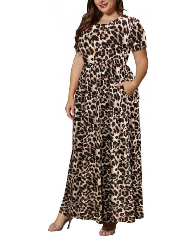 Women's Plus Size Short Sleeve Loose Plain Casual Long Maxi Dresses with Pockets 02-spotted Pattern Leopard $14.75 Dresses