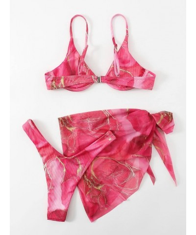 Women's 3 Piece Bathing Suit Underwire Bikini Set with Beach Skirt Pink Marble $13.20 Swimsuits