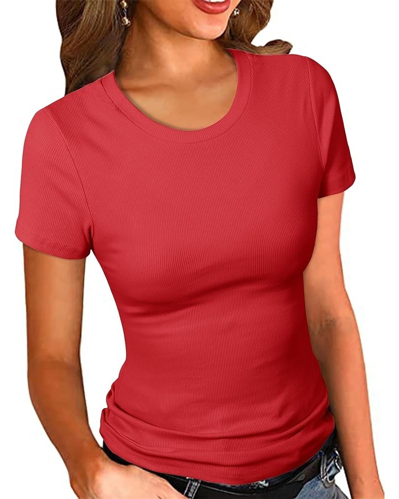 Women's Crew Neck Ribbed Fitted Shirt Basic Short Sleeves Summer T Shirt Tops Red $13.39 T-Shirts