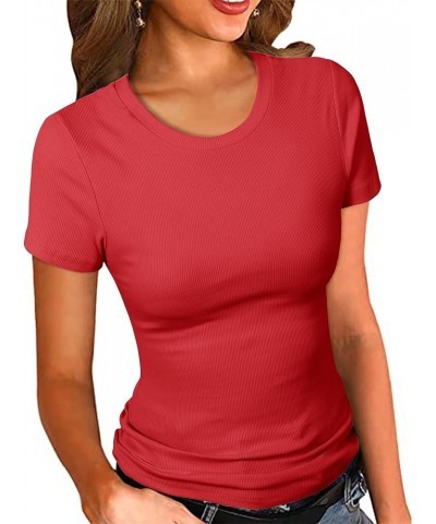 Women's Crew Neck Ribbed Fitted Shirt Basic Short Sleeves Summer T Shirt Tops Red $13.39 T-Shirts