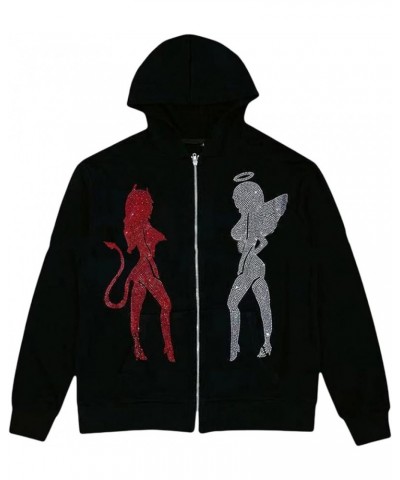 Unisex Men Women Oversized Streetwear Rhinestone Graphic Y2k Full Zip Up Hoodie Sparkly Hooded Sweatshirt Jacket Devil Angel-...