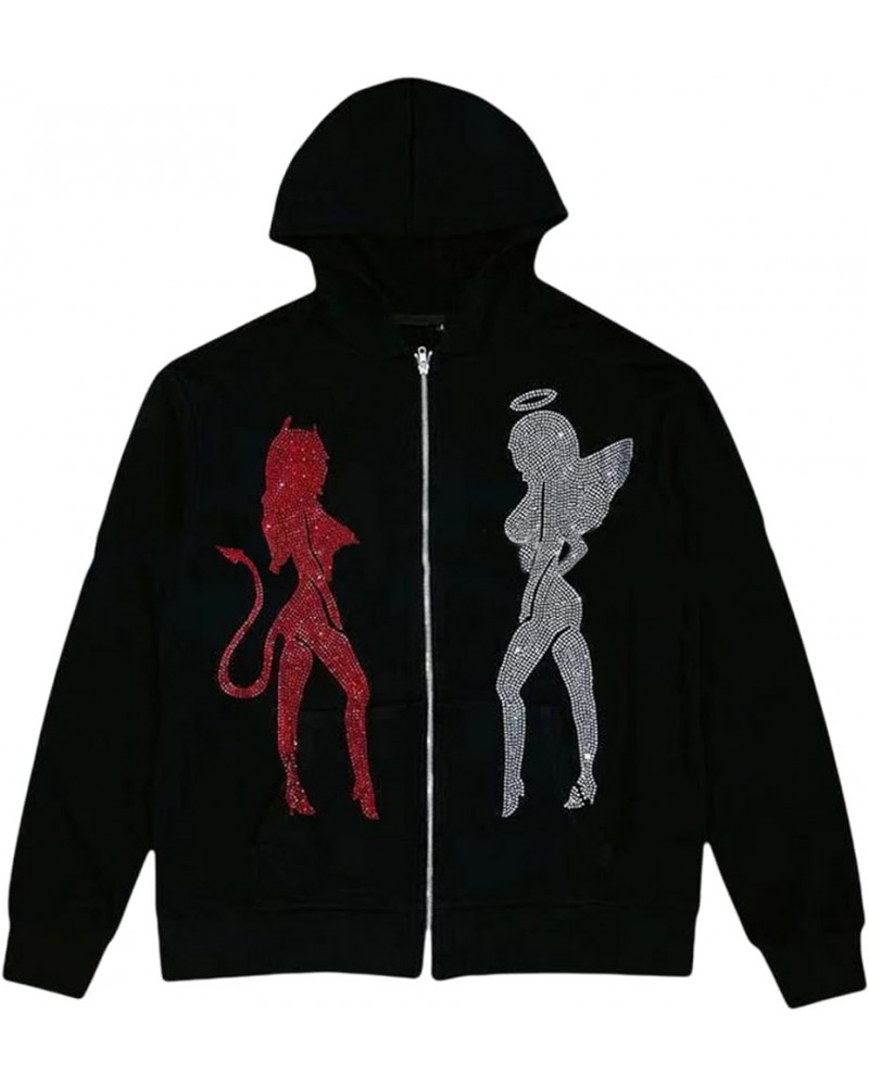 Unisex Men Women Oversized Streetwear Rhinestone Graphic Y2k Full Zip Up Hoodie Sparkly Hooded Sweatshirt Jacket Devil Angel-...