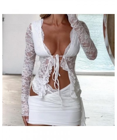 Women Y2k Sexy 2 Piece Skirt Set Lace See Through Bodycon Crop Tops Ruffle Mini Skirt Party Club Outfits White B $11.07 Suits