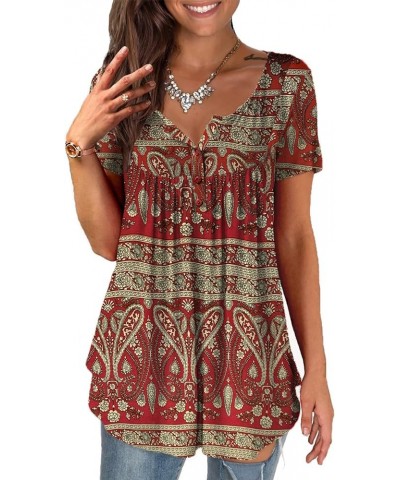 Women's Plus Size Shirts Casual Blouse Short Sleeve Button Up Tunic Tops Henley Shirt Z0-multi Red 2 $13.50 Tops