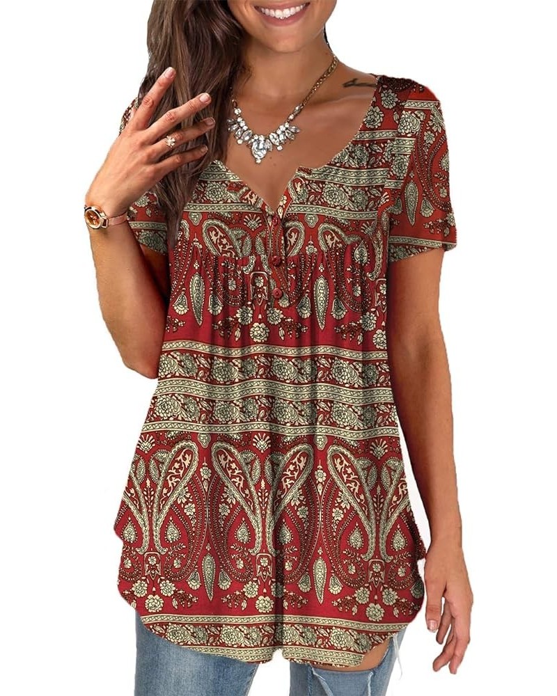 Women's Plus Size Shirts Casual Blouse Short Sleeve Button Up Tunic Tops Henley Shirt Z0-multi Red 2 $13.50 Tops