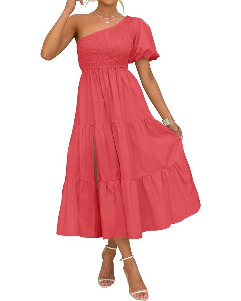 Women's 2024 Boho Summer One Shoulder Short Sleeve Smocked Side Split Ruffle Swing Midi Dress Watermelon $18.54 Dresses