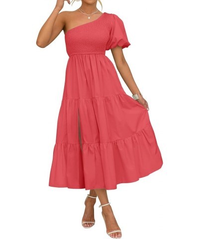 Women's 2024 Boho Summer One Shoulder Short Sleeve Smocked Side Split Ruffle Swing Midi Dress Watermelon $18.54 Dresses