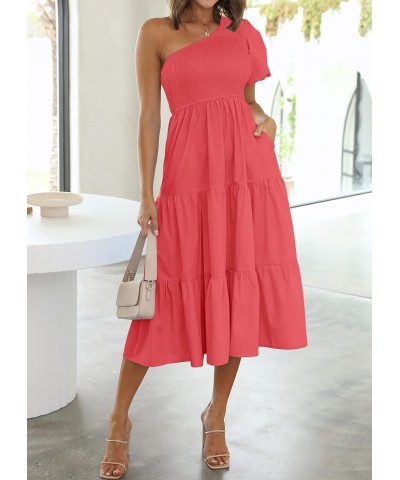 Women's 2024 Boho Summer One Shoulder Short Sleeve Smocked Side Split Ruffle Swing Midi Dress Watermelon $18.54 Dresses