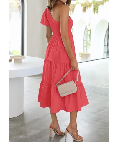 Women's 2024 Boho Summer One Shoulder Short Sleeve Smocked Side Split Ruffle Swing Midi Dress Watermelon $18.54 Dresses