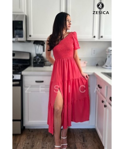 Women's 2024 Boho Summer One Shoulder Short Sleeve Smocked Side Split Ruffle Swing Midi Dress Watermelon $18.54 Dresses