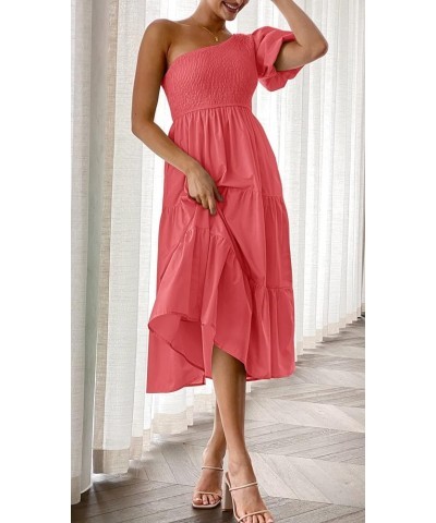 Women's 2024 Boho Summer One Shoulder Short Sleeve Smocked Side Split Ruffle Swing Midi Dress Watermelon $18.54 Dresses