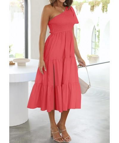 Women's 2024 Boho Summer One Shoulder Short Sleeve Smocked Side Split Ruffle Swing Midi Dress Watermelon $18.54 Dresses