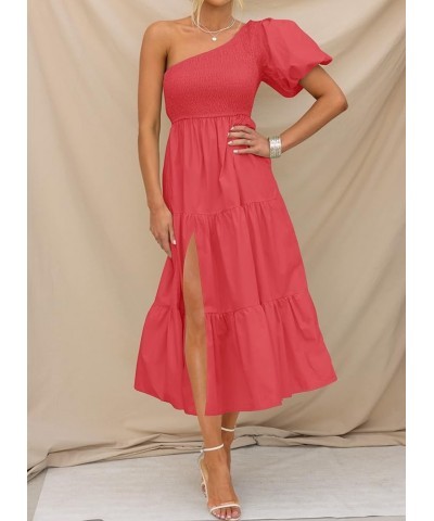 Women's 2024 Boho Summer One Shoulder Short Sleeve Smocked Side Split Ruffle Swing Midi Dress Watermelon $18.54 Dresses