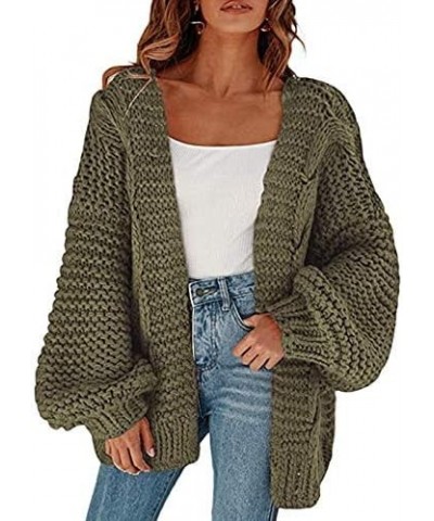 Women's Cable Open Front Chunky Knit Cardigan Lantern Sleeve Oversize Cardigans Outwear Knit Coats Dark Green $22.22 Sweaters