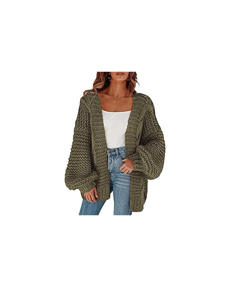 Women's Cable Open Front Chunky Knit Cardigan Lantern Sleeve Oversize Cardigans Outwear Knit Coats Dark Green $22.22 Sweaters