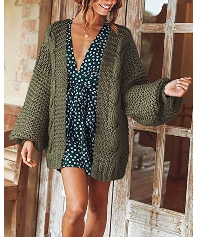 Women's Cable Open Front Chunky Knit Cardigan Lantern Sleeve Oversize Cardigans Outwear Knit Coats Dark Green $22.22 Sweaters