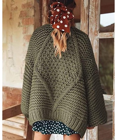 Women's Cable Open Front Chunky Knit Cardigan Lantern Sleeve Oversize Cardigans Outwear Knit Coats Dark Green $22.22 Sweaters