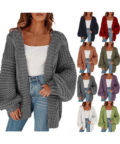 Women's Cable Open Front Chunky Knit Cardigan Lantern Sleeve Oversize Cardigans Outwear Knit Coats Dark Green $22.22 Sweaters