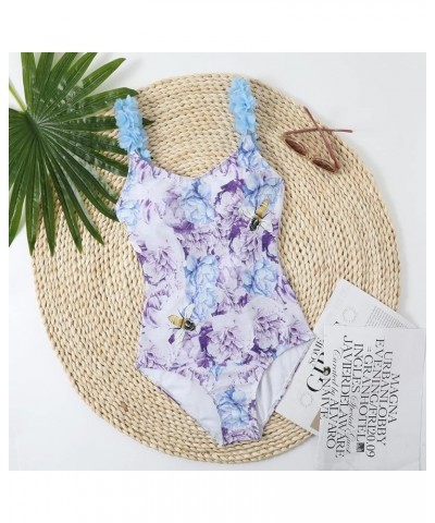 Women's One Piece Swimsuit Ruffle Deep V Neck Floral Print Bathing Suits Self Tie Monokini Padded Swimwear Beachwear Blue Pur...