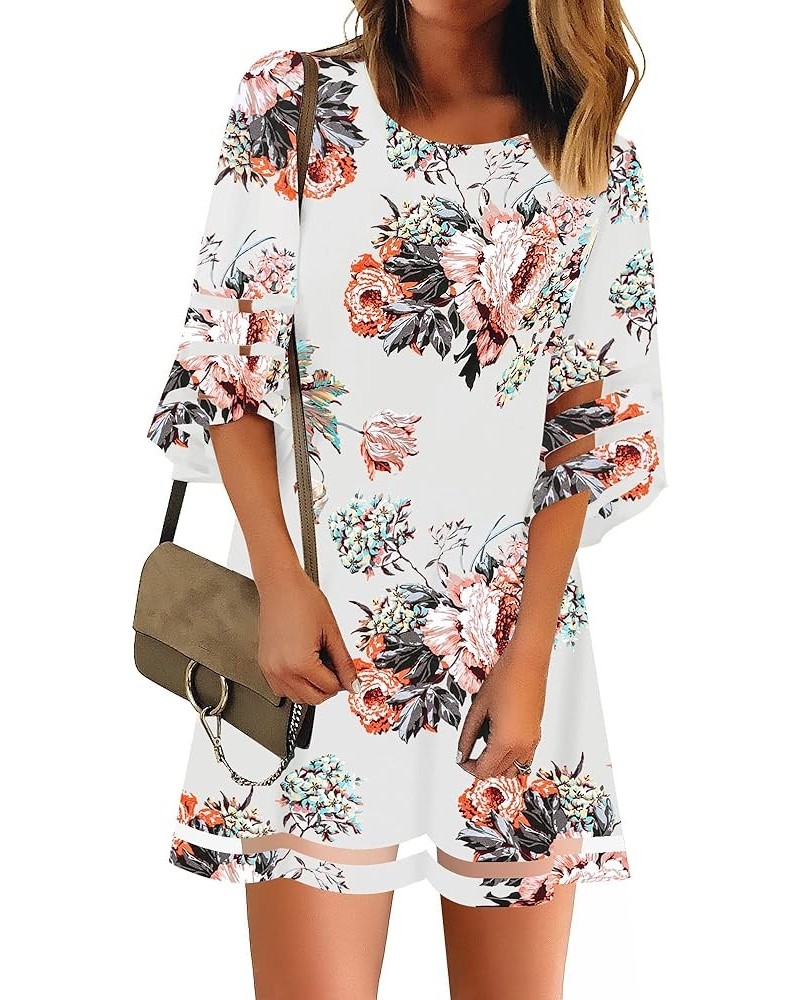 Women Casual Crewneck Mesh Panel 3/4 Bell Sleeve Loose Tunic Dress Floral Pirnt Brilliant White $18.89 Dresses